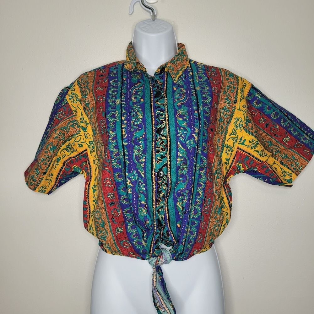 vintage 80s 90s rainbow tie front crop half sleeve vibrant top size med